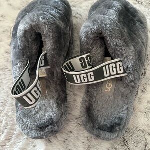 UGG Charcoal Fluffy Slides with Logo Strap